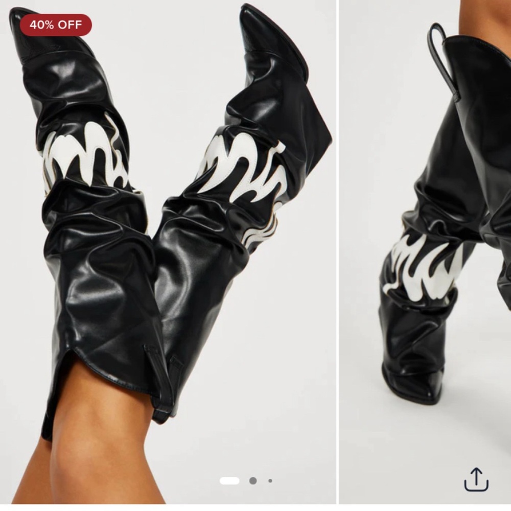 Fashion Nova Black and White Flame Knee-High Heeled Boots